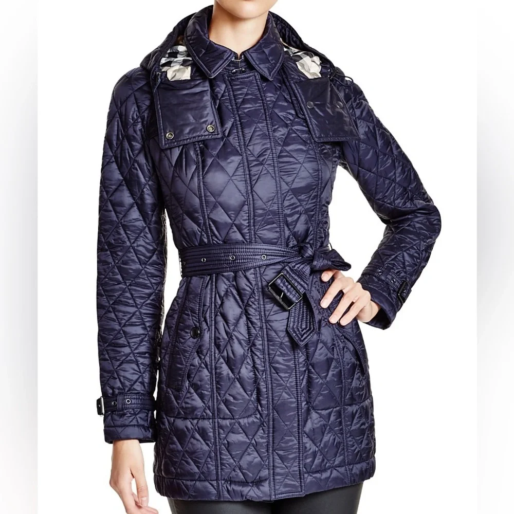 Authentic Burberry Finsbridge‎ Long Quilted Jacket Coat Belted Waist Navy XL NWT - Picture 2 of 13